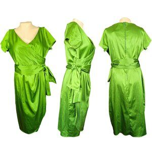 Pinup Couture Ava Faux Wrap Wiggle Dress in Green Satin 2X Retro Mad Men